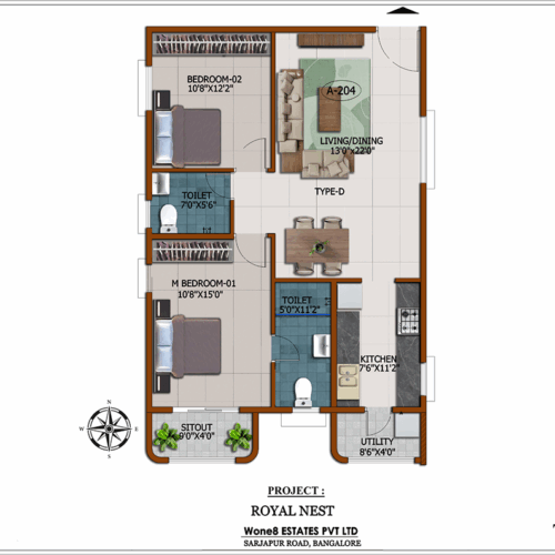 Royal Nest Type D 2 BHK floor plan